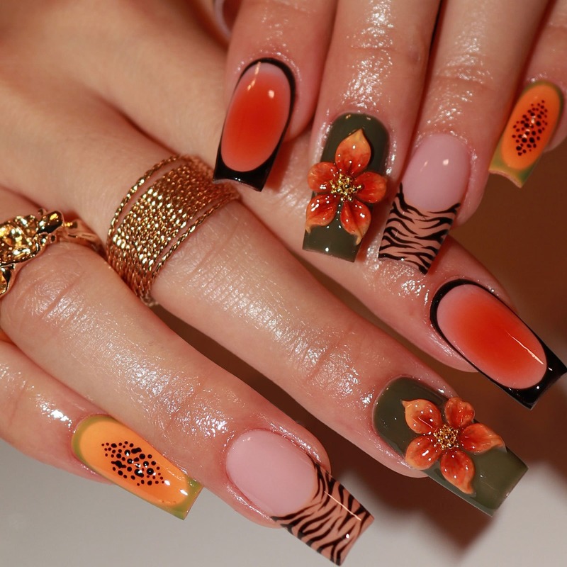Nail Art Orange - 24PCS Tropical Medium Square False Nails