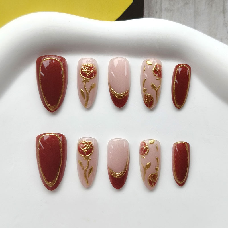 10Pcs French Style Wine Red Gi - Nail Art Press On 评论和价格