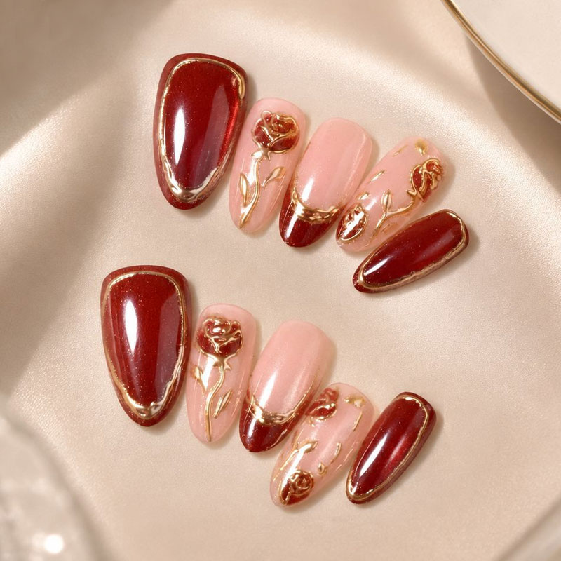 10Pcs French Style Wine Red Gi - Nail Art Press On 评论和价格