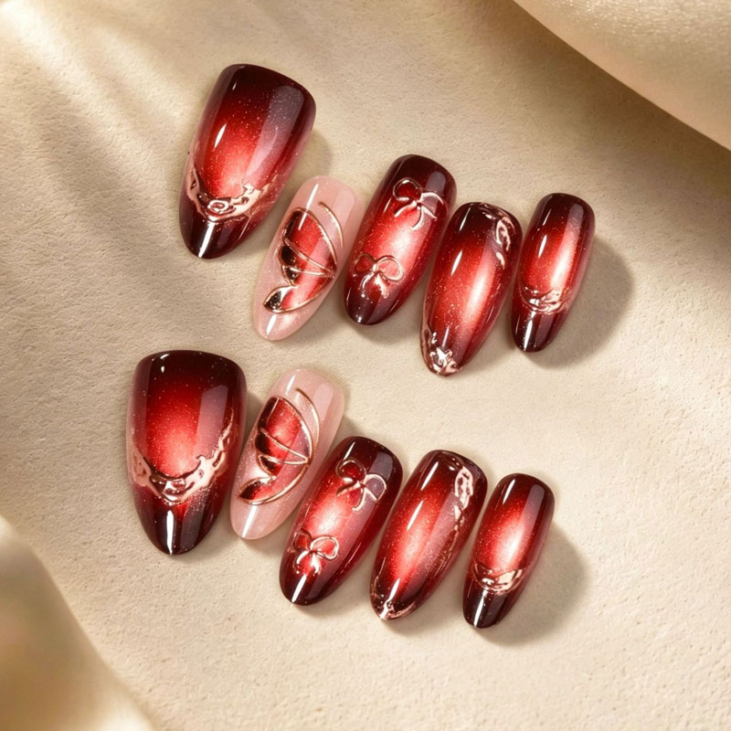 10Pcs French Style Wine Red Gi - Nail Art Press On 评论和价格