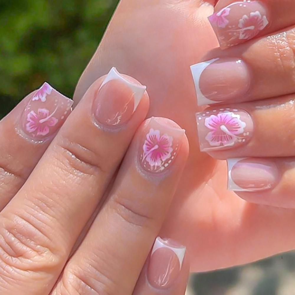 24Pcs French Flower False Nail - Nail Art Press On 评论和价格