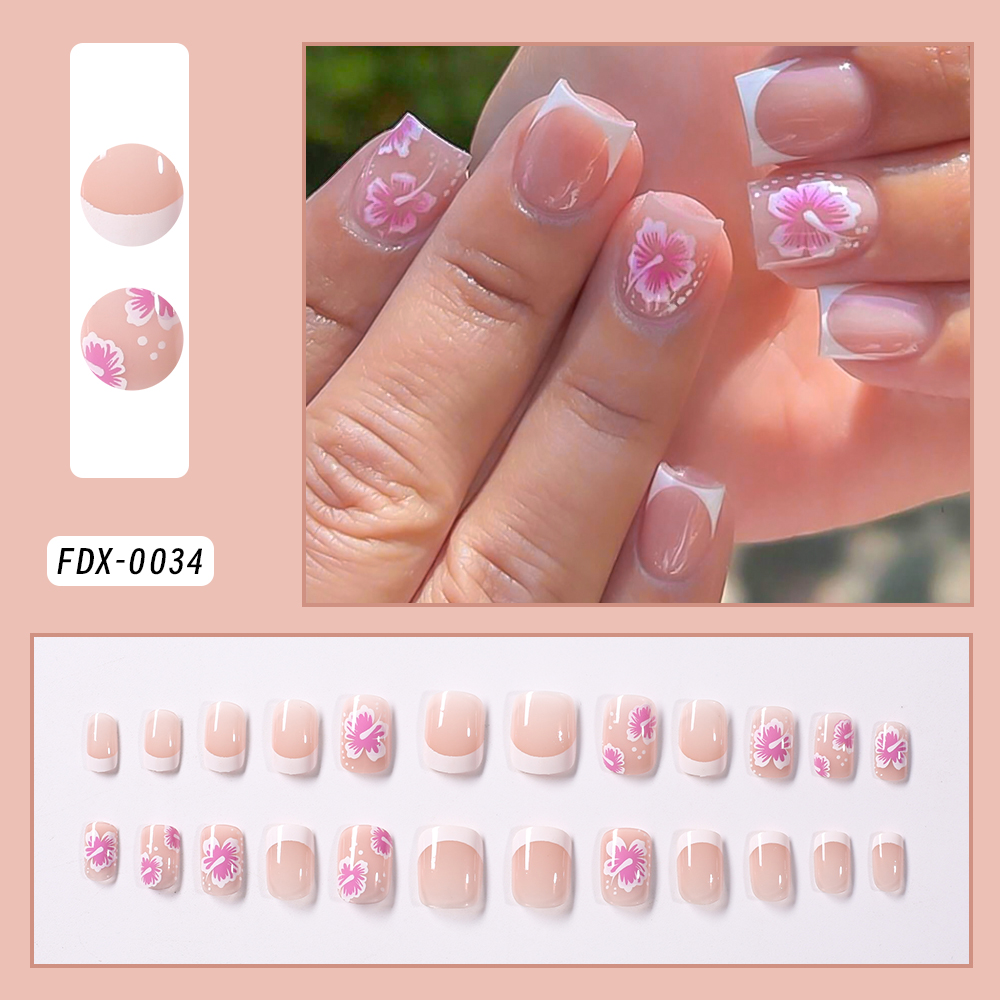 24Pcs French Flower False Nail - Nail Art Press On 评论和价格
